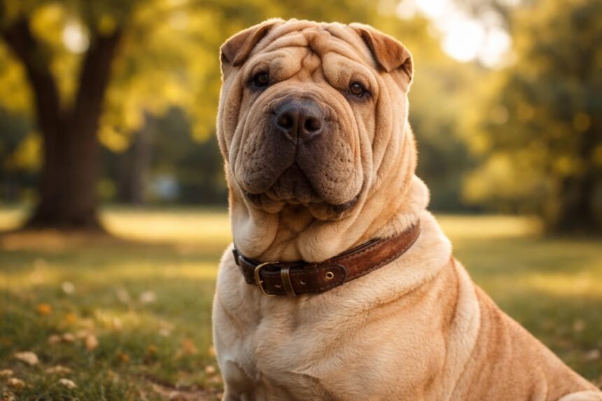 Egy ráncos shar pei kutya a szabadban, bőr nyakörvvel.