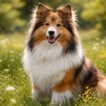 Shetlandi juhászkutya a virágos réten