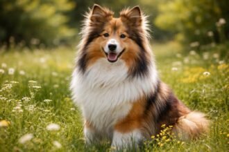 Shetlandi juhászkutya a virágos réten