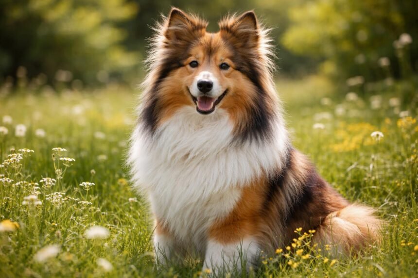 Shetlandi juhászkutya a virágos réten