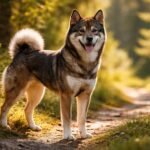 Shikoku inu kutya egyetlen ösvényen, zöld környezetben.