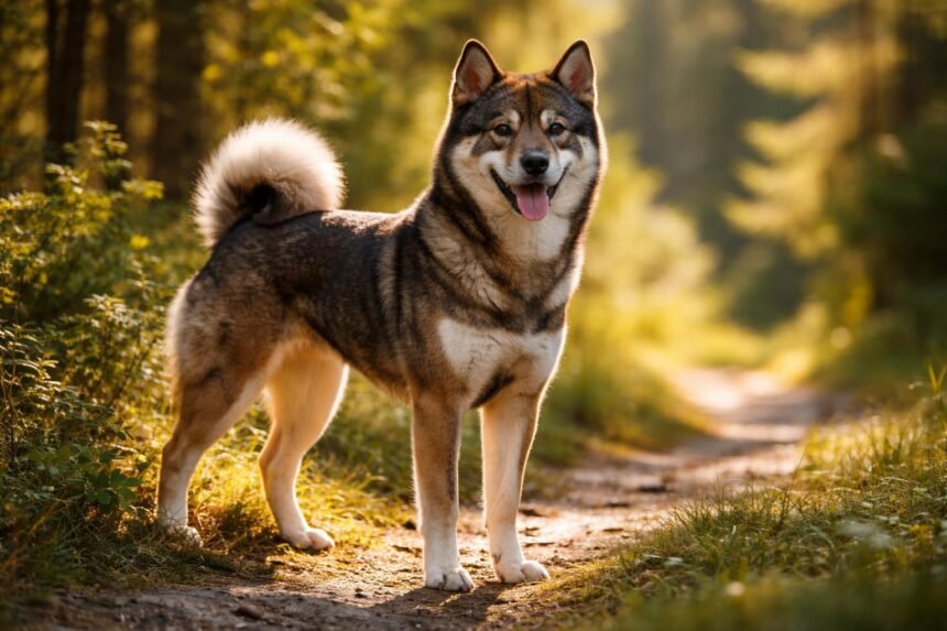 Shikoku inu kutya egyetlen ösvényen, zöld környezetben.