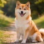 Egy boldog siba inu kutya ül egy ösvényen a természetben.