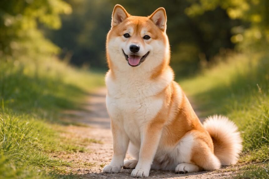 Egy boldog siba inu kutya ül egy ösvényen a természetben.