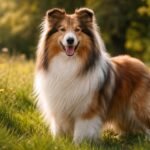 Skót juhászkutya a zöld mezőn, boldogan mosolyogva.