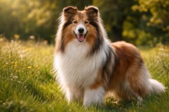 Skót juhászkutya a zöld mezőn, boldogan mosolyogva.