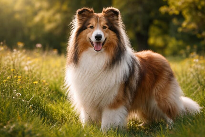 Skót juhászkutya a zöld mezőn, boldogan mosolyogva.