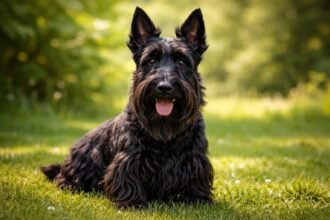 Bátor skót terrier a zöld fűben, mosolygós arccal.