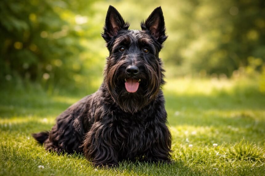 Bátor skót terrier a zöld fűben, mosolygós arccal.
