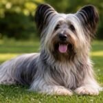 Skye terrier fűben fekvő kutya, hűséges és érzékeny társ.