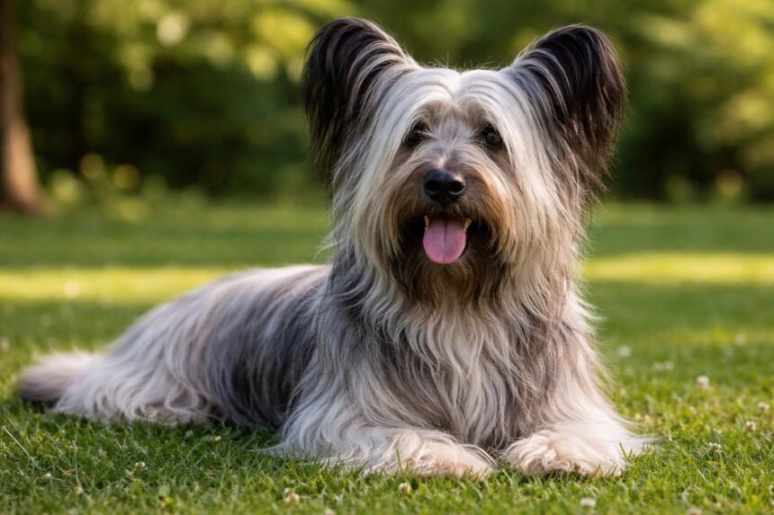 Skye terrier fűben fekvő kutya, hűséges és érzékeny társ.