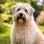 Vidám és barátságos sörényes terrier a zöld fűben