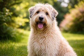 Vidám és barátságos sörényes terrier a zöld fűben