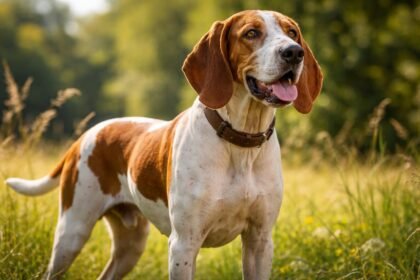 Spanyol kopó kutya a természetben, barátságos arckifejezéssel.