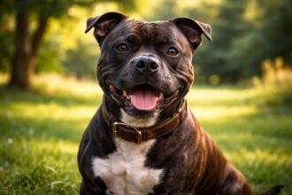Ragadozó Staffordshire bullterrier vidáman pihen a fűben