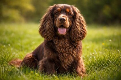 Sussexi spániel a zöld fűben, barátságos megjelenéssel.