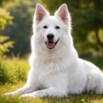 Svájci fehér juhászkutya szabadban, zöld fűben heverészve