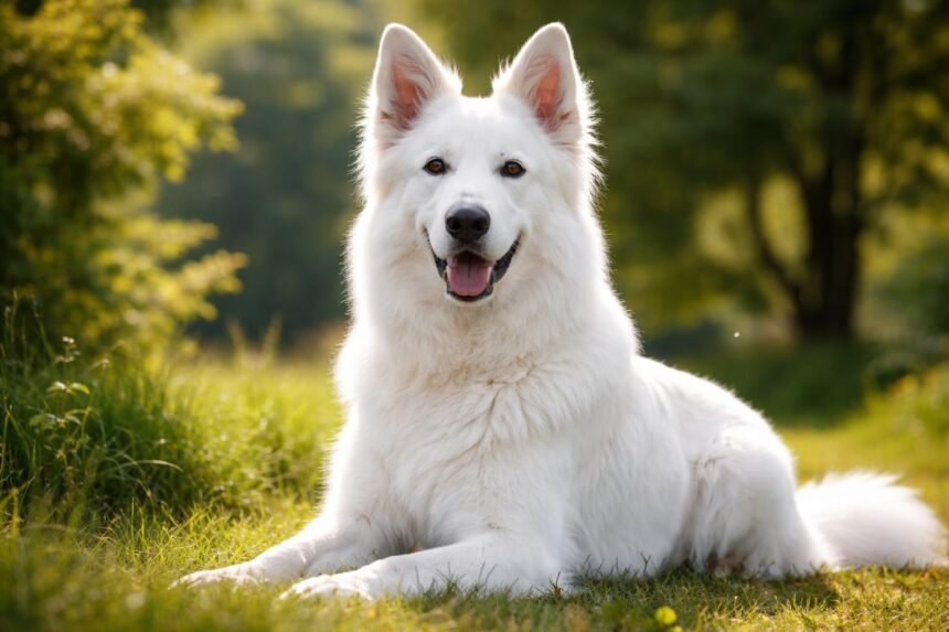 Svájci fehér juhászkutya szabadban, zöld fűben heverészve