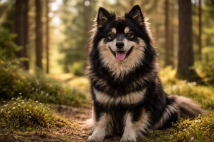 Svéd lapphund a természetben, boldogan ülve