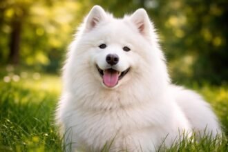 Mosolygós szamojéd kutya zöld fűben ülve