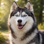 Egy Szibériai husky kutya a természetben, boldog arckifejezéssel.