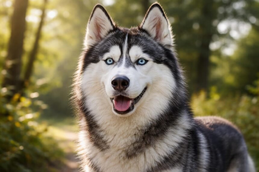 Egy Szibériai husky kutya a természetben, boldog arckifejezéssel.