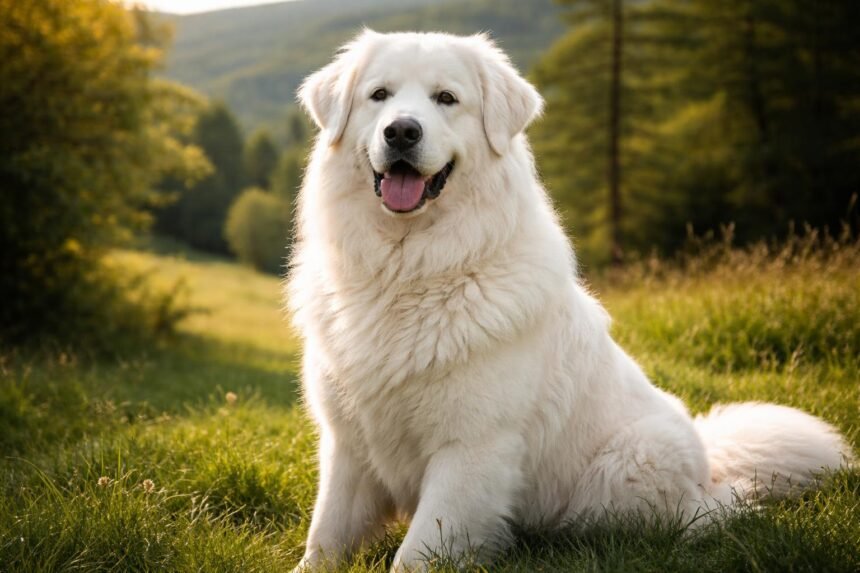 Szlovák csuvacs hűséges juhászkutya a napsütésben.