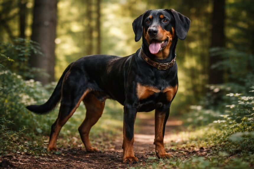 Szlovák kopó a természetben, erdő háttérrel.