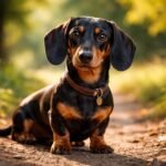 Bátor tacskó ül a fűben, napsütéses környezetben.