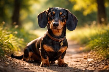 Bátor tacskó ül a fűben, napsütéses környezetben.