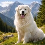 Tátrai juhászkutya hegyvidéki környezetben, vidám arckifejezéssel.
