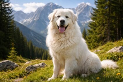 Tátrai juhászkutya hegyvidéki környezetben, vidám arckifejezéssel.