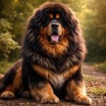 Tibeti masztiff egy erdei ösvényen ülve, hűséges őrző.