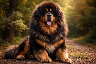 Tibeti masztiff egy erdei ösvényen ülve, hűséges őrző.