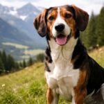 Tiroli kopó kutya élénk mosollyal a hegyekben