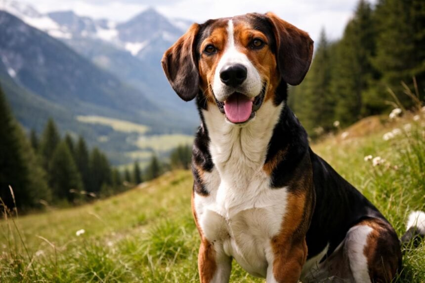 Tiroli kopó kutya élénk mosollyal a hegyekben