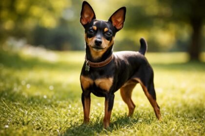 Egy törpe pinscher áll a fűben, energikus és magabiztos megjelenéssel.