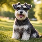 Törpe schnauzer vidám és hűséges háziállat a zöld füvön.