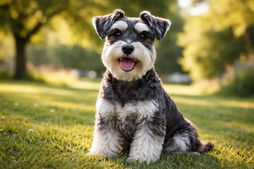 Törpe schnauzer vidám és hűséges háziállat a zöld füvön.