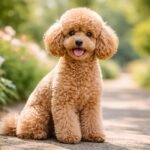 Törpe uszkár a természetben, virágok között ülve.