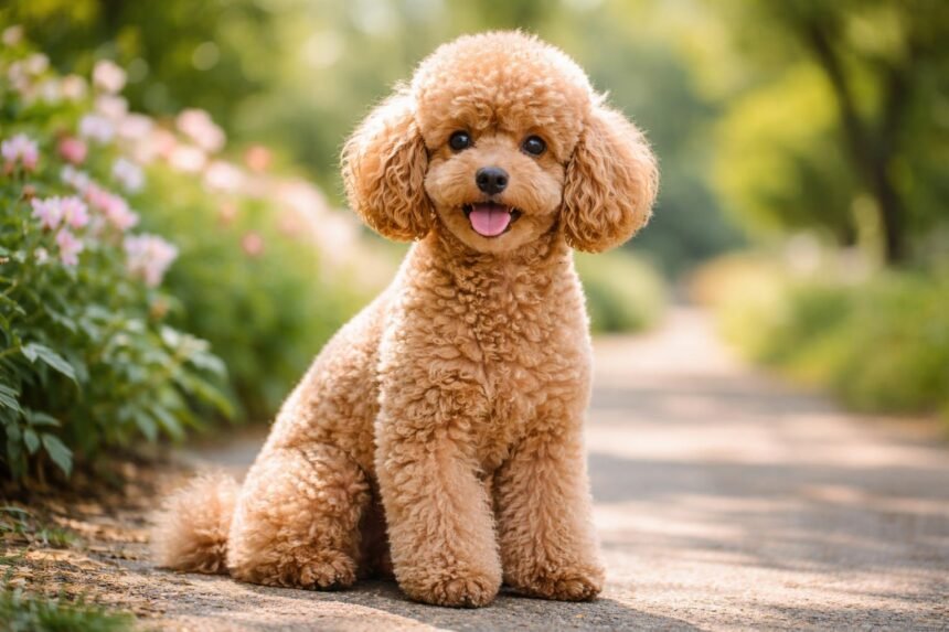 Törpe uszkár a természetben, virágok között ülve.