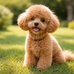 Aranyos toy uszkár játszik a zöld fűben.