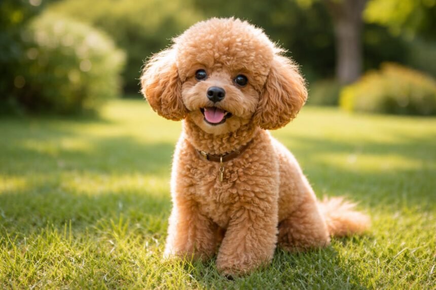 Aranyos toy uszkár játszik a zöld fűben.