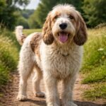 Vidám Vendée-i griffonkopó kutya szép zöld környezetben