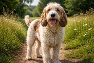 Vidám Vendée-i griffonkopó kutya szép zöld környezetben