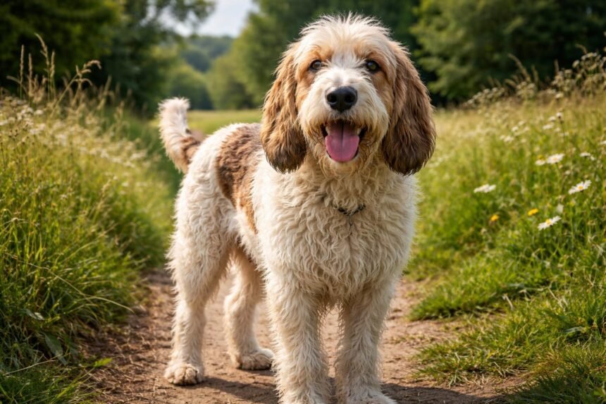 Vidám Vendée-i griffonkopó kutya szép zöld környezetben