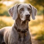 Egy weimari vizsla a természetben, napfényben állva.