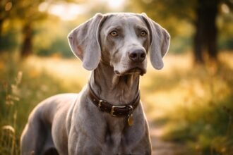 Egy weimari vizsla a természetben, napfényben állva.