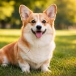 Vidám walesi corgi a fűben, mosolygós arccal.
