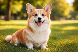 Vidám walesi corgi a fűben, mosolygós arccal.